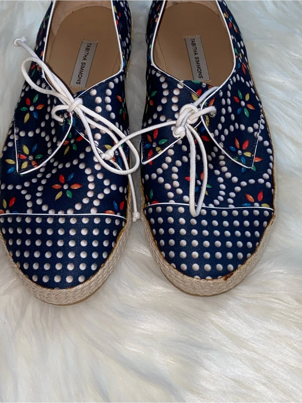 Designer Tabitha Simmons Seville Navy Polka Dot Espadrille Sneakers Flats GUC